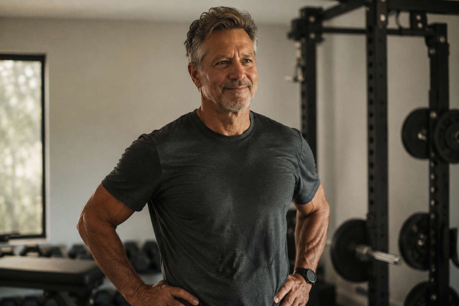 Man in a home gym with a power rack and dumbbells